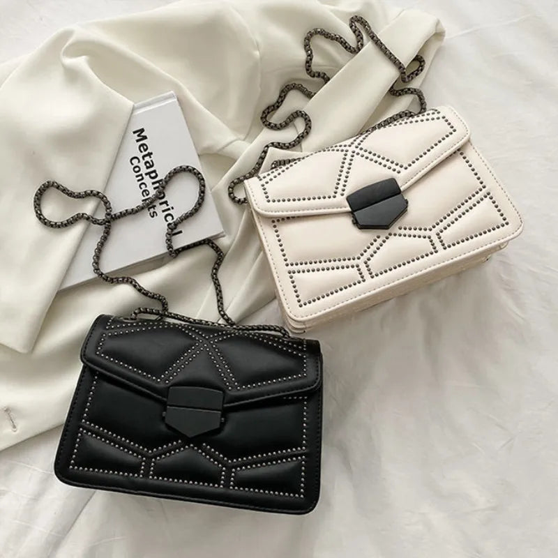 Rivet Chain Small Crossbody Bag for Women | 2022 Luxury Shoulder Messenger Bag (Trendy Lady Handbag with Flap Cover)