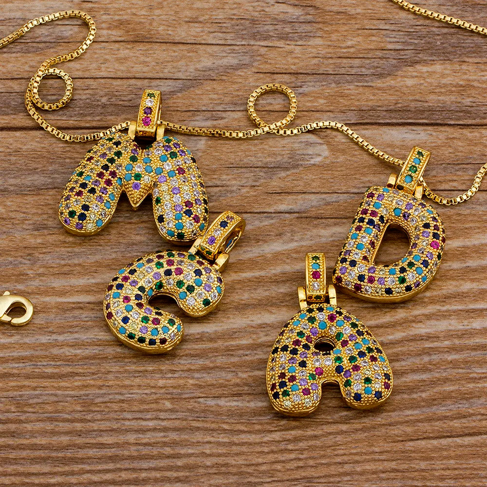 Nidin Fashion Luxury 26 Letters Copper Zircon Pendant Necklace for Women Rainbow Initials Name Necklace Wedding Party Jewelry