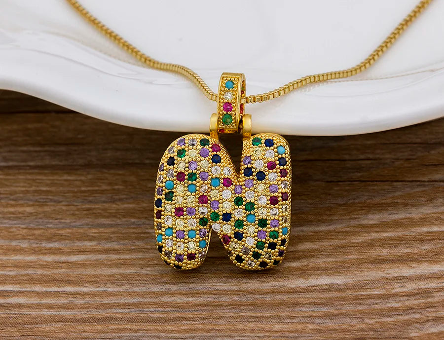 Nidin Fashion Luxury 26 Letters Copper Zircon Pendant Necklace for Women Rainbow Initials Name Necklace Wedding Party Jewelry