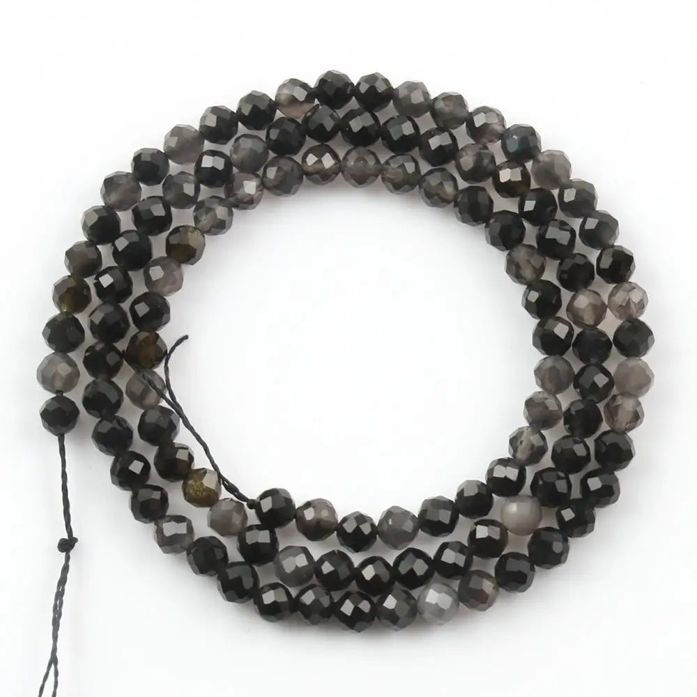 Natural Black Obsidian Stone 2/3/4mm Faceted Loose Round Mineral Beads for Jewelry Making DIY Christmas Gift Bracelets 15inch