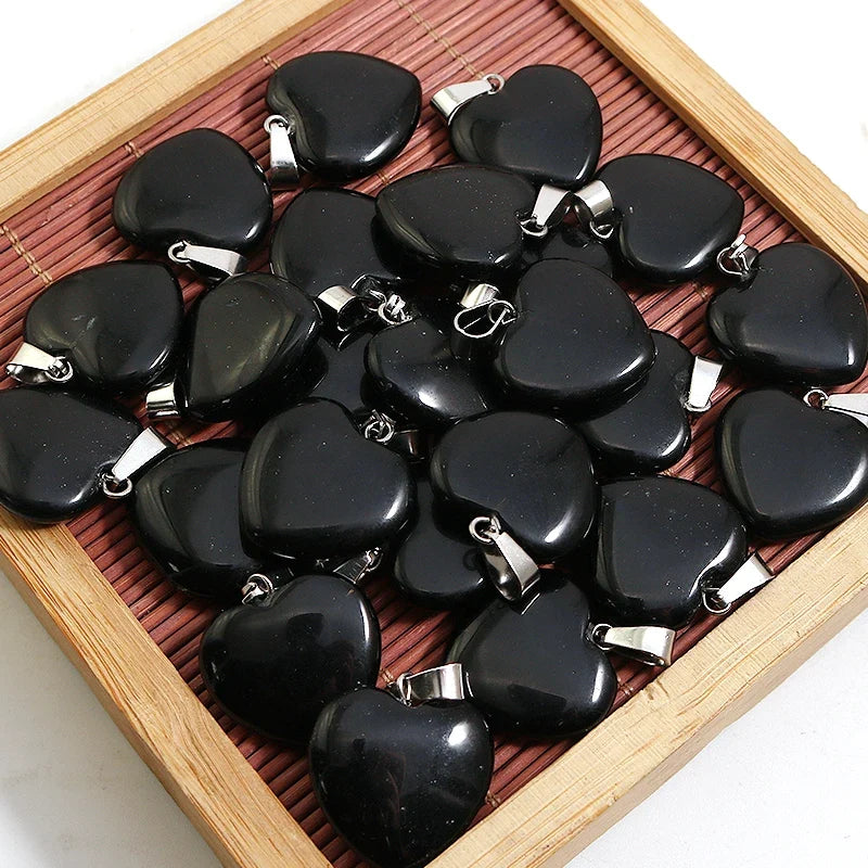 Natural Black Obsidian Stone Heart Beads Healing Pendant Women Charms 20mm Wholesale For Jewelry Making Earring Accessories