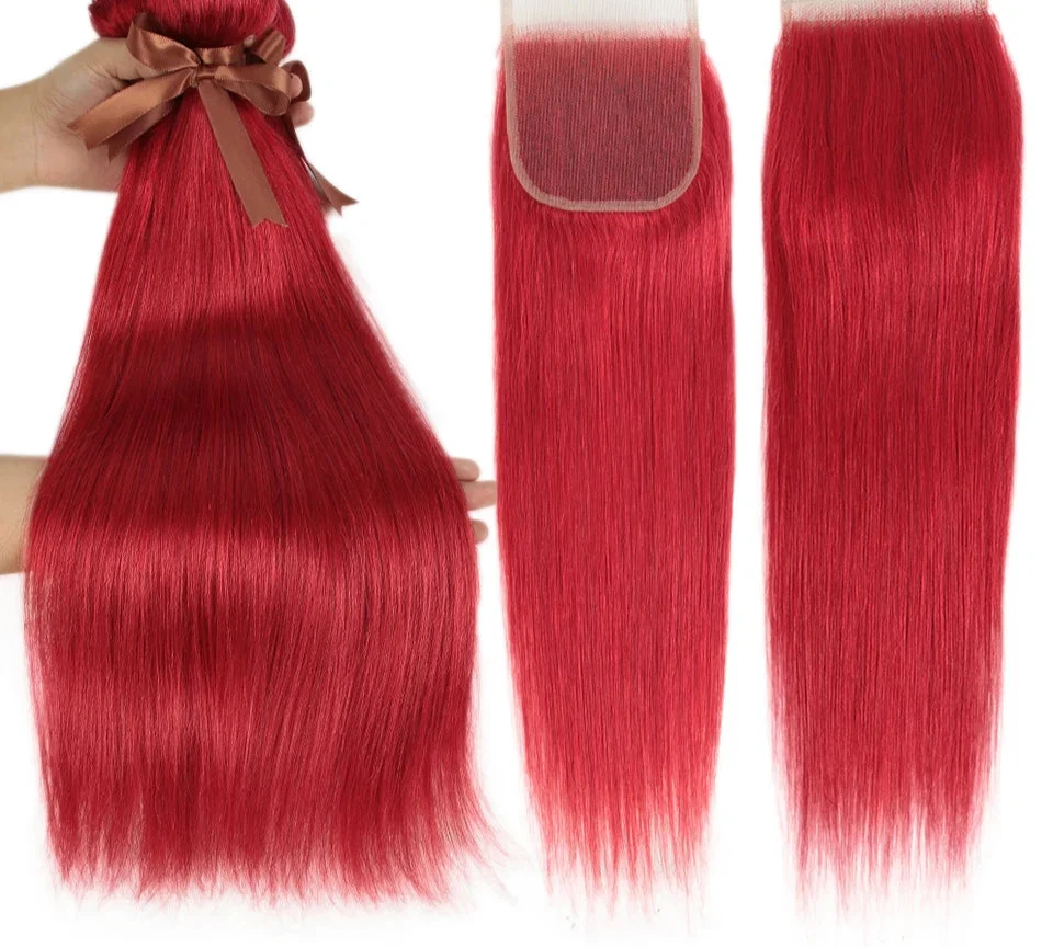Red & Blonde Highlight Straight Bundles with Closure | 3 Pcs Brazilian Remy Human Hair Weave Extensions