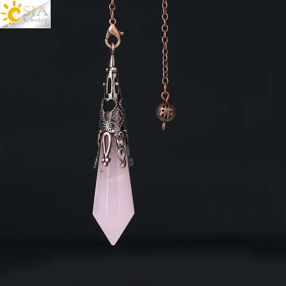 CSJA Natural Stone Crystal Pendulum for Dowsing Antique Pendant Amulet Crystals Divination Pink Quartz Pendulums Pendules G891