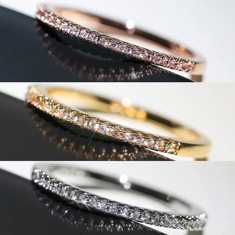 Huitan 3 Colors Simple Band Women Rings Shiny Cubic Zirconia Delicate Anniversary Gift Accessories Hot Sale Fashion Jewelry