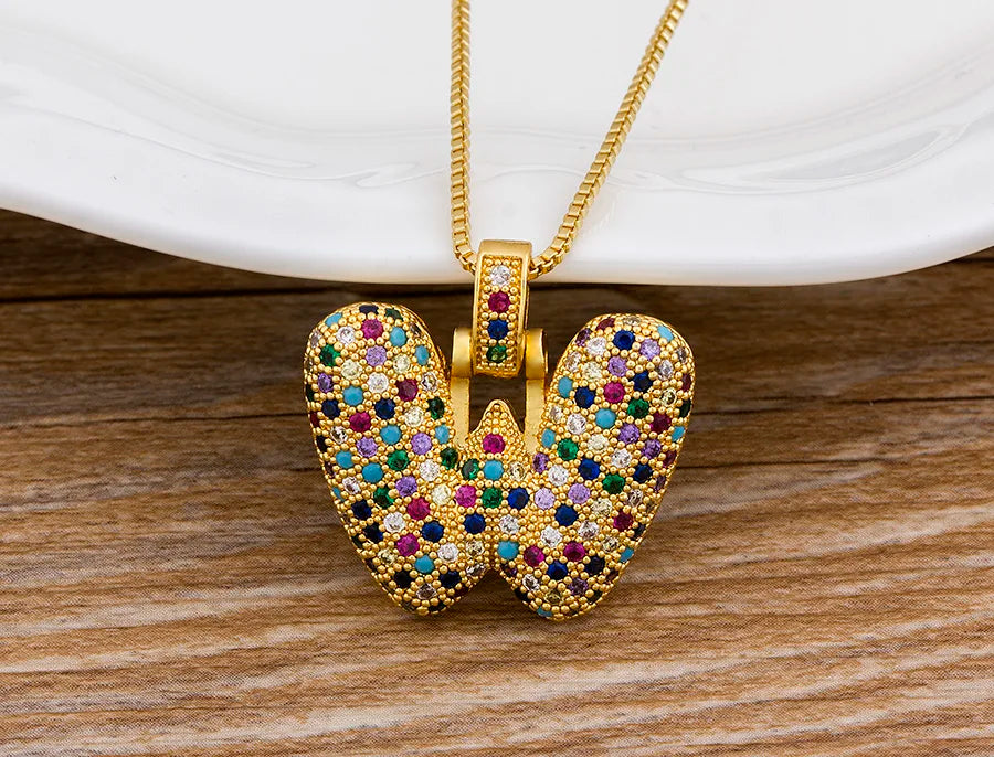 Nidin Fashion Luxury 26 Letters Copper Zircon Pendant Necklace for Women Rainbow Initials Name Necklace Wedding Party Jewelry