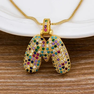 Nidin Fashion Luxury 26 Letters Copper Zircon Pendant Necklace for Women Rainbow Initials Name Necklace Wedding Party Jewelry