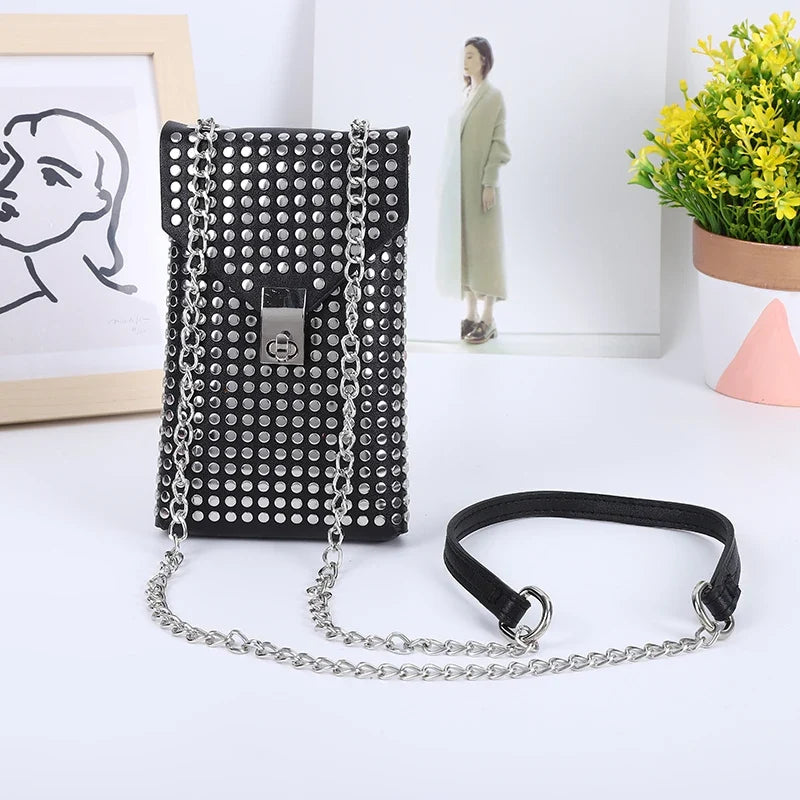 PU Leather Mini Shoulder & Crossbody Bag for Women | Rivet Flap Chain Designer Purse (Retro Phone Bag, Hip-Hop Style)