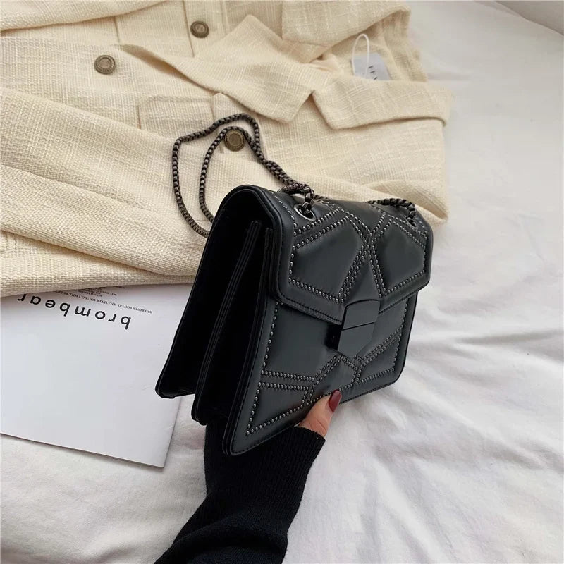 Rivet Chain Small Crossbody Bag for Women | 2022 Luxury Shoulder Messenger Bag (Trendy Lady Handbag with Flap Cover)