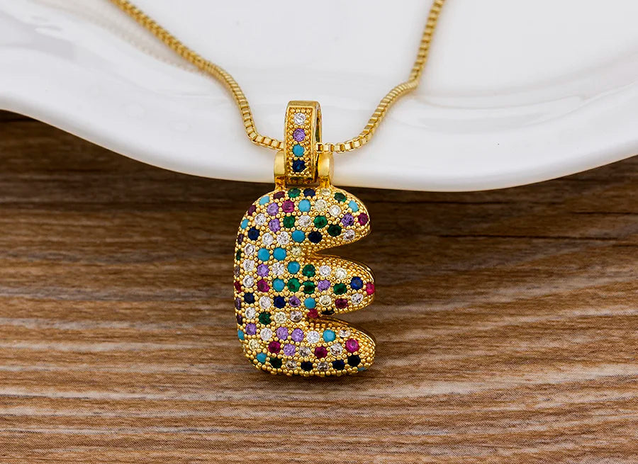 Nidin Fashion Luxury 26 Letters Copper Zircon Pendant Necklace for Women Rainbow Initials Name Necklace Wedding Party Jewelry