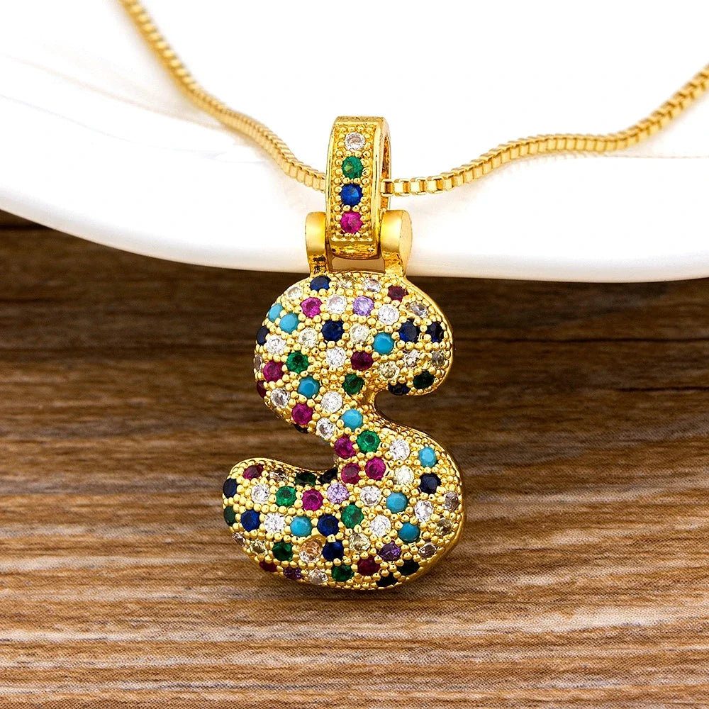 Nidin Fashion Luxury 26 Letters Copper Zircon Pendant Necklace for Women Rainbow Initials Name Necklace Wedding Party Jewelry