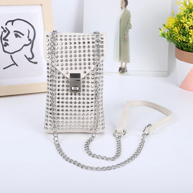 PU Leather Mini Shoulder & Crossbody Bag for Women | Rivet Flap Chain Designer Purse (Retro Phone Bag, Hip-Hop Style)