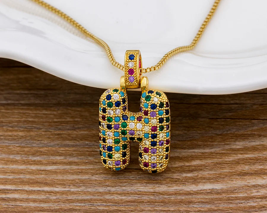 Nidin Fashion Luxury 26 Letters Copper Zircon Pendant Necklace for Women Rainbow Initials Name Necklace Wedding Party Jewelry