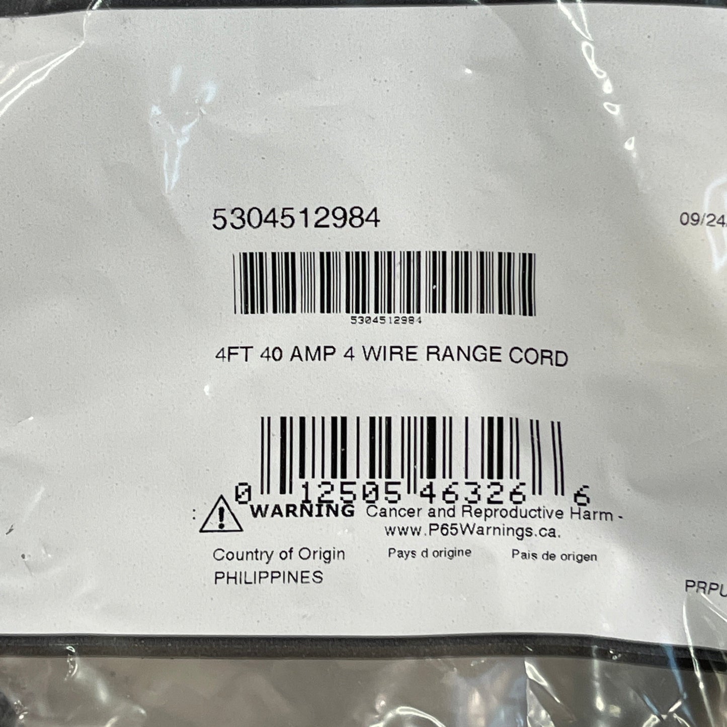 ELECTROLUX Smart Choice 40 AMP 4-Wire Range Black Plug Cord (4 ft) 5304512984 (New)