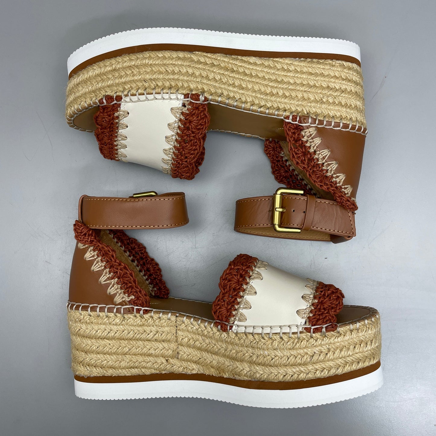 SEE BY CHLOÉ Glyn Espadrille Crocheted Edge Ankle-Strap Sandals Tan/Red Women's Sz 9 EU 39 SB38151A (New)