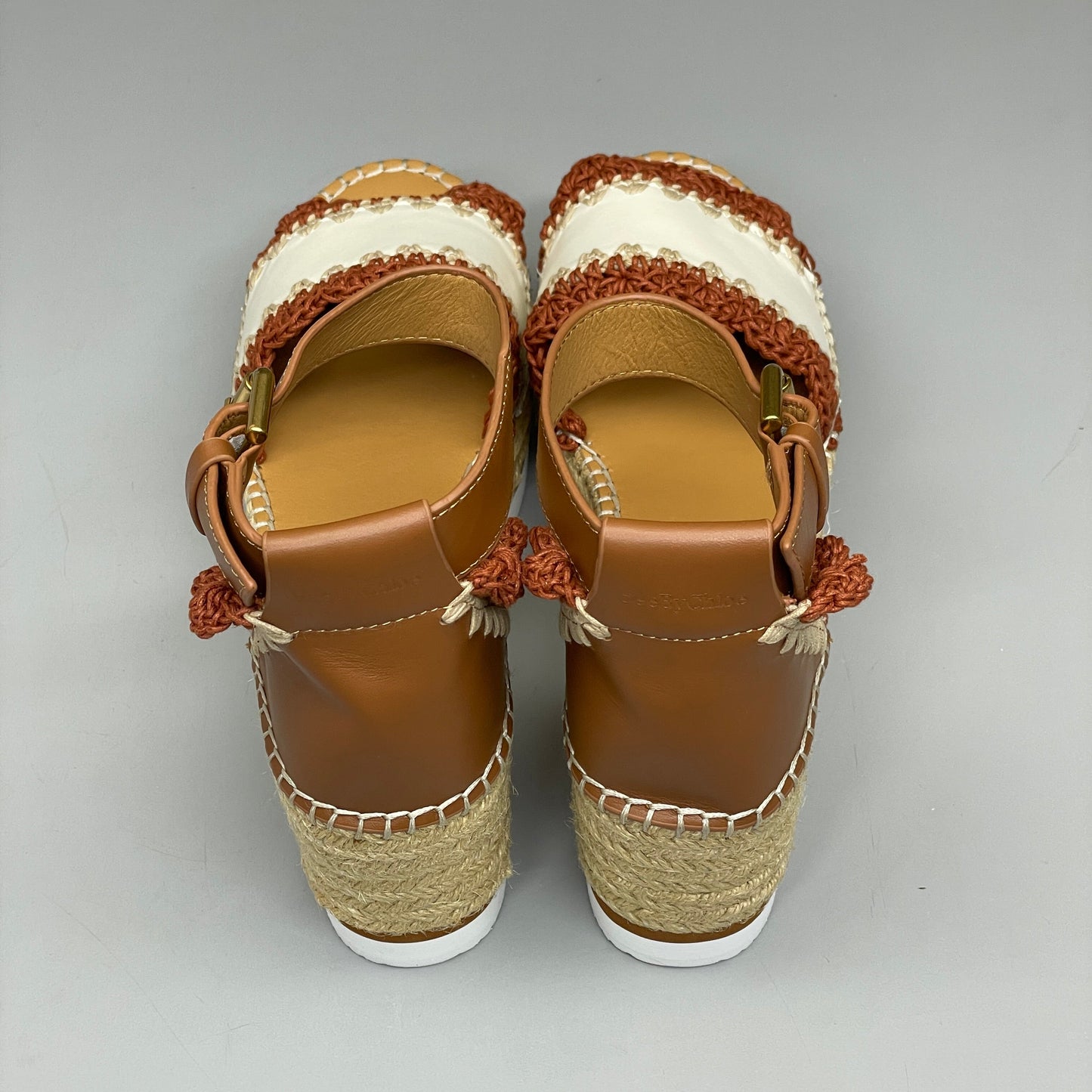SEE BY CHLOÉ Glyn Espadrille Crocheted Edge Ankle-Strap Sandals Tan/Red Women's Sz 9 EU 39 SB38151A (New)