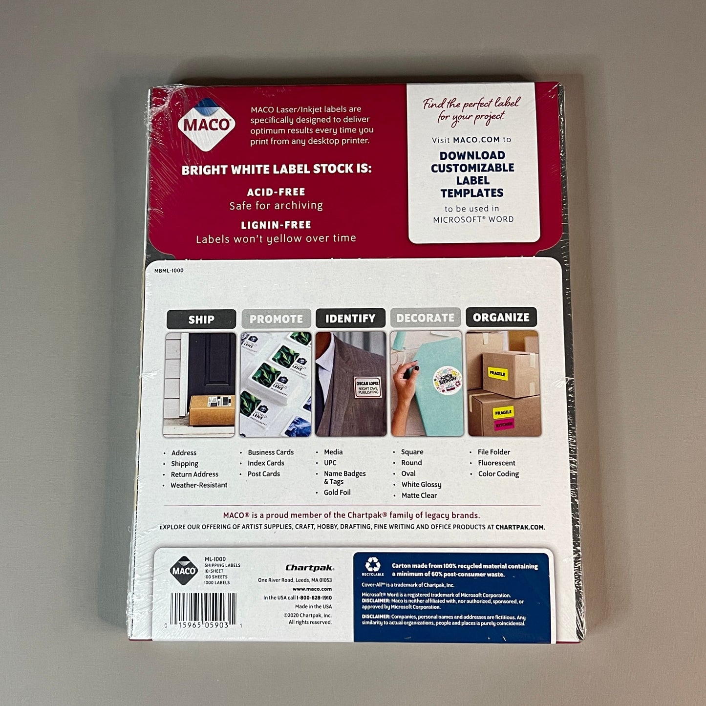 Z@ MACO Laser / Ink Jet White Shipping Labels 2" x 4” 1000 Labels (100 sheets) ML-1000