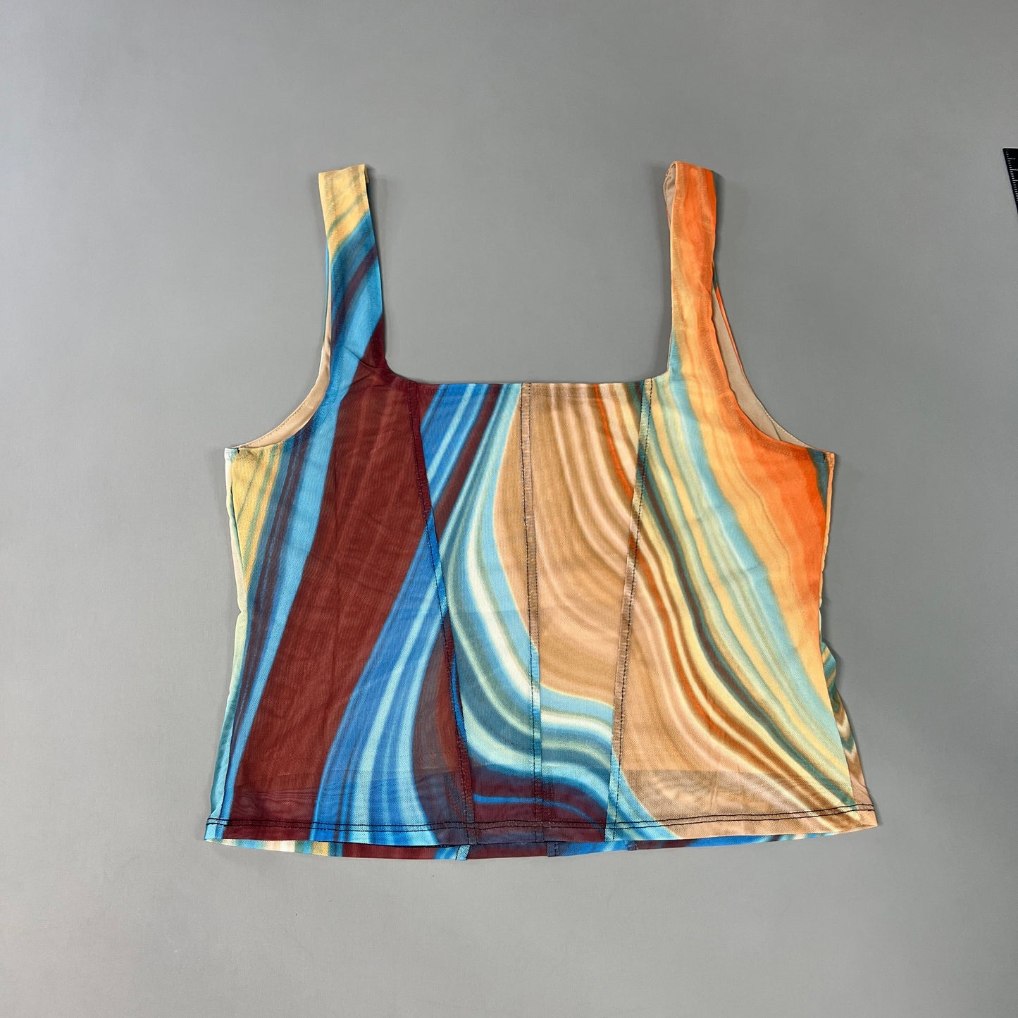 AFRM Cort Doubled Mesh Seaming Crop Top Women's L Blue Abstract Wave AET033437AU21 (New)