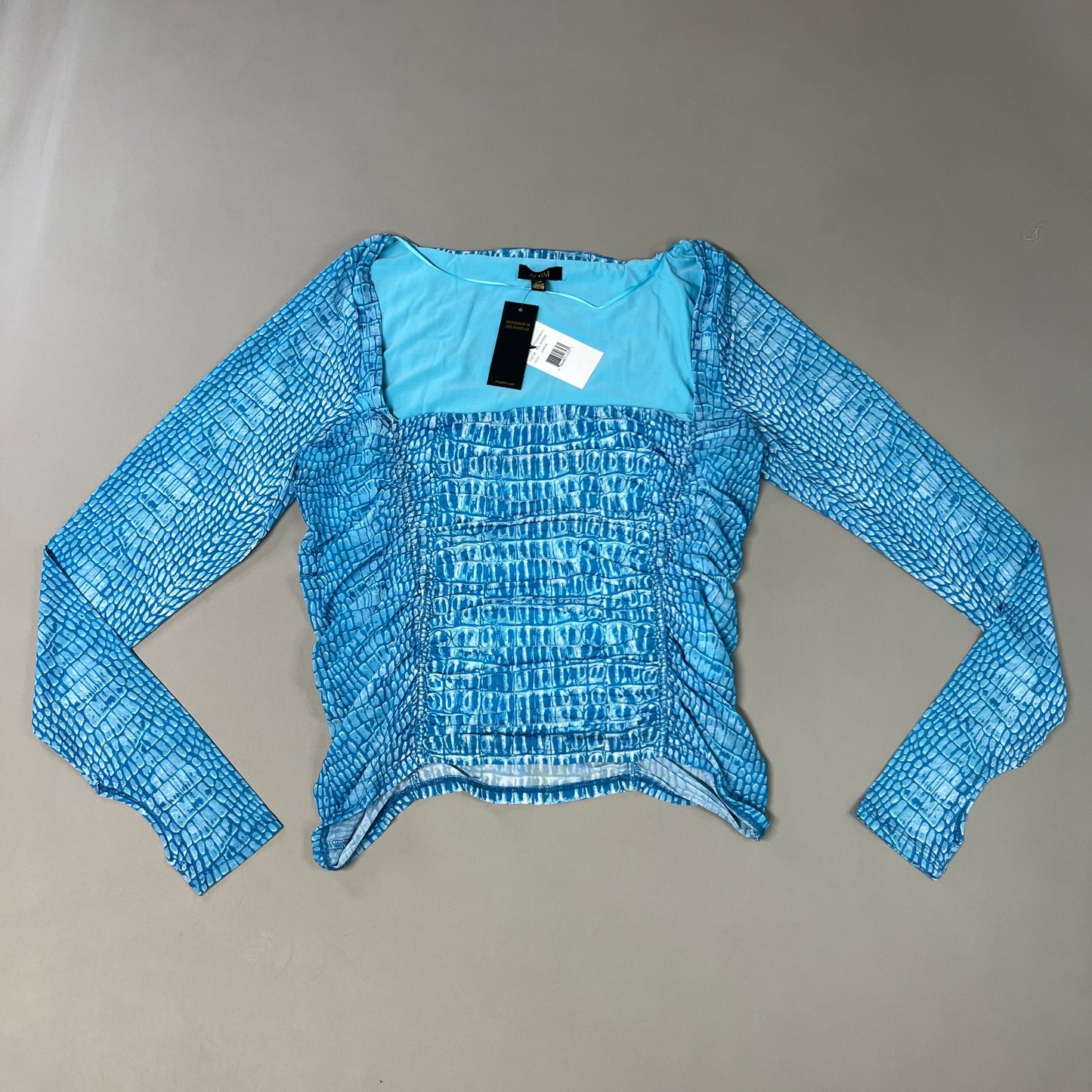 AFRM Strarus Ruches Front LS Mesh Top Women's L Blue Crocodile AET033450AU21 (New)