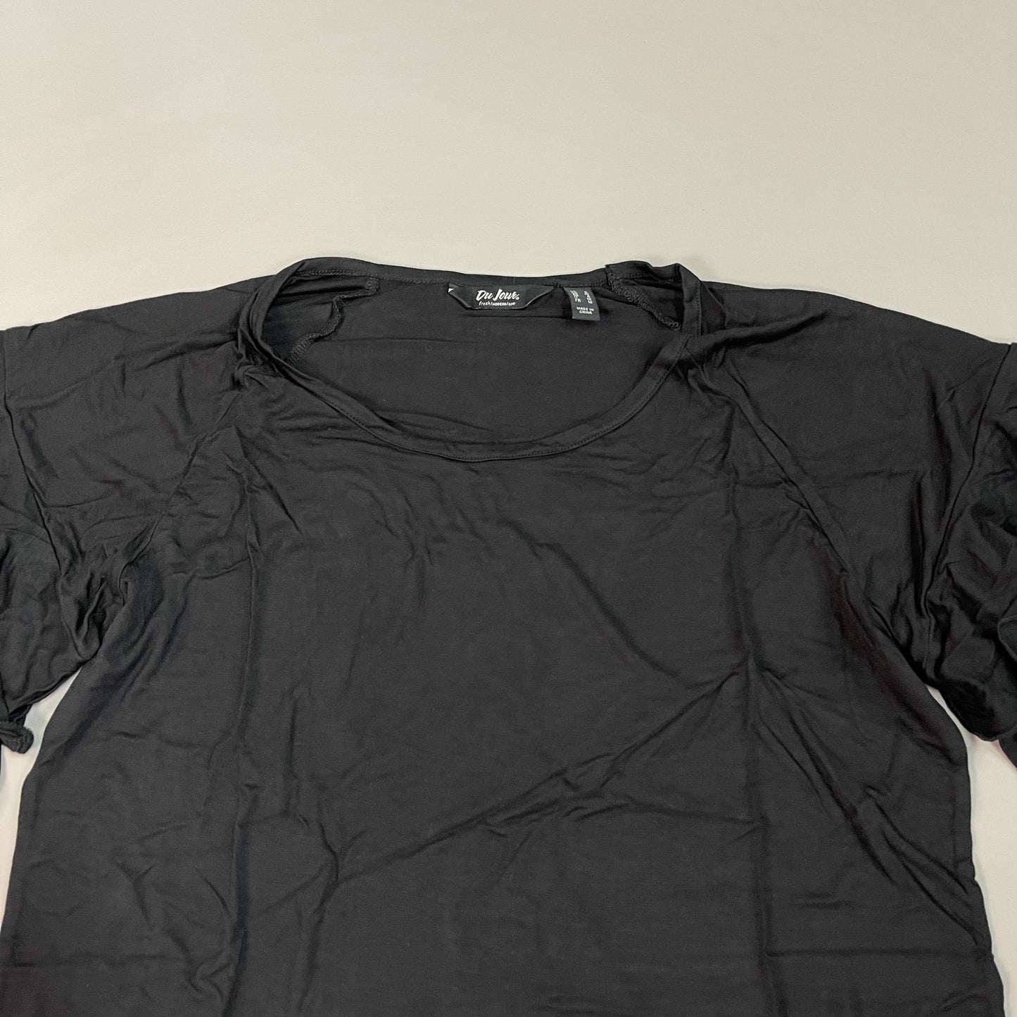 DU JOUR Ruffle Short Sleeve Swoop Neck Top Women's Sz S Black (New)