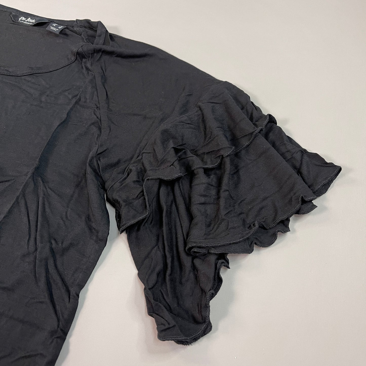 DU JOUR Ruffle Short Sleeve Swoop Neck Top Women's Sz S Black (New)