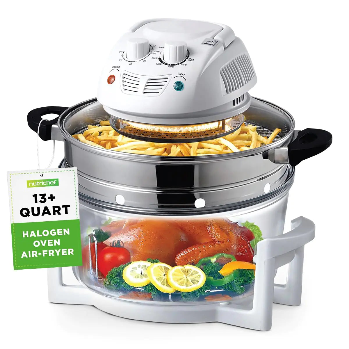 NutriChef Halogen Oven Countertop Air Fryer - 1200W 13QT Infrared Convection Cooker w/ Stainless Steel Cooking Bowl For Healthy Meals Great for Chicken Steak Fish Ribs Shrimp More -AZPKAIRFR48