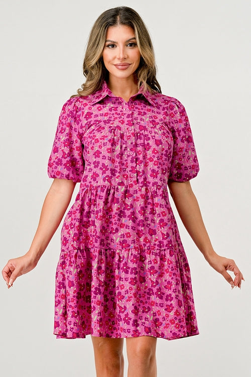 Floral Print Tiered Dress with Puff Sleeves - Button-Down Casual | Apparel | Kitchen + Metal