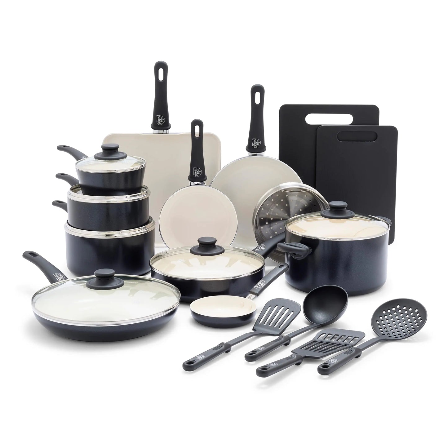 GreenLife Soft Grip Healthy Ceramic Nonstick 23 Piece Kitchen Cookware Pots and Frying Sauce Saute Pans Set with Kitchen Utensils PFAS-Free Dishwasher Safe Black