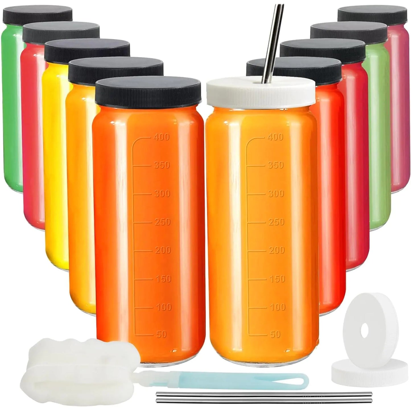 Ruckae 16oz 10 Pack Juice Bottles Glass Bottles with Lids Smoothie Cup Lids and Straws Water Bottle Mason Jar Drinking Glasses for Juicing Smoothies Kombucha