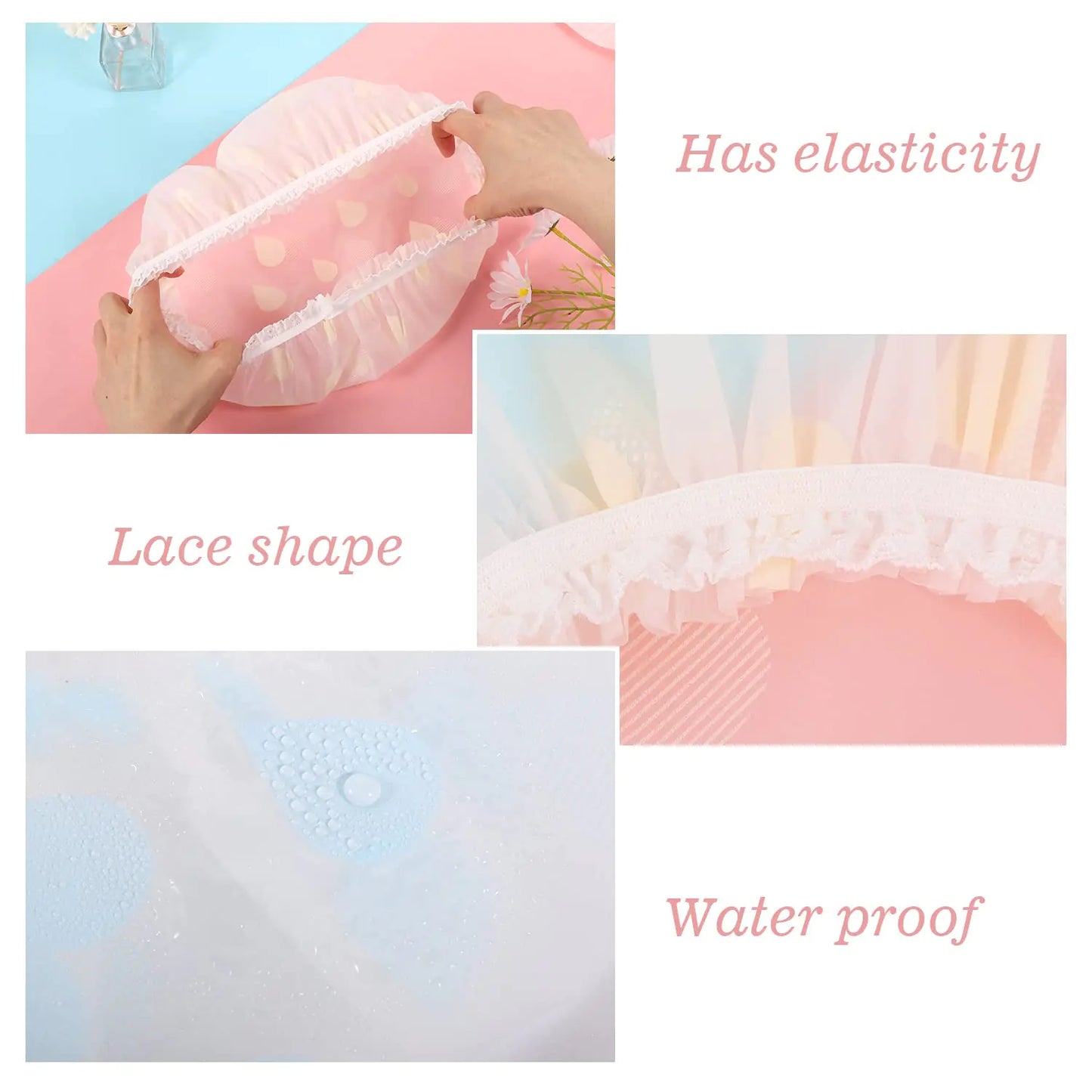Waterproof Shower Caps, 3 Pcs Plastic Reusable Shower Caps Elastic Band Bath Caps for Women Ladies Spa Salon F