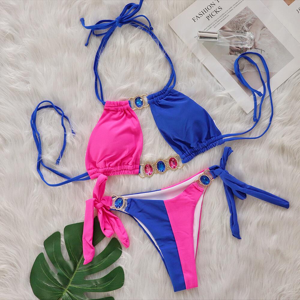 Baizi Crystal Diamond Bikini Sexy Patchwork Strap Women Split Swimsuit