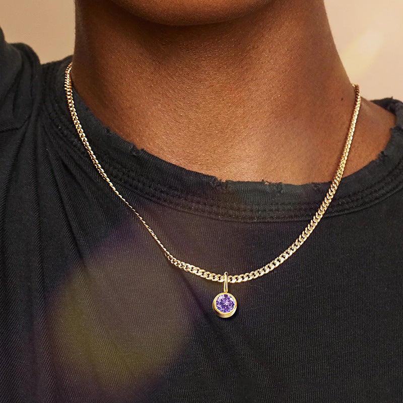 Stainless Steel Necklace With Diamond Birthstone Pendant
