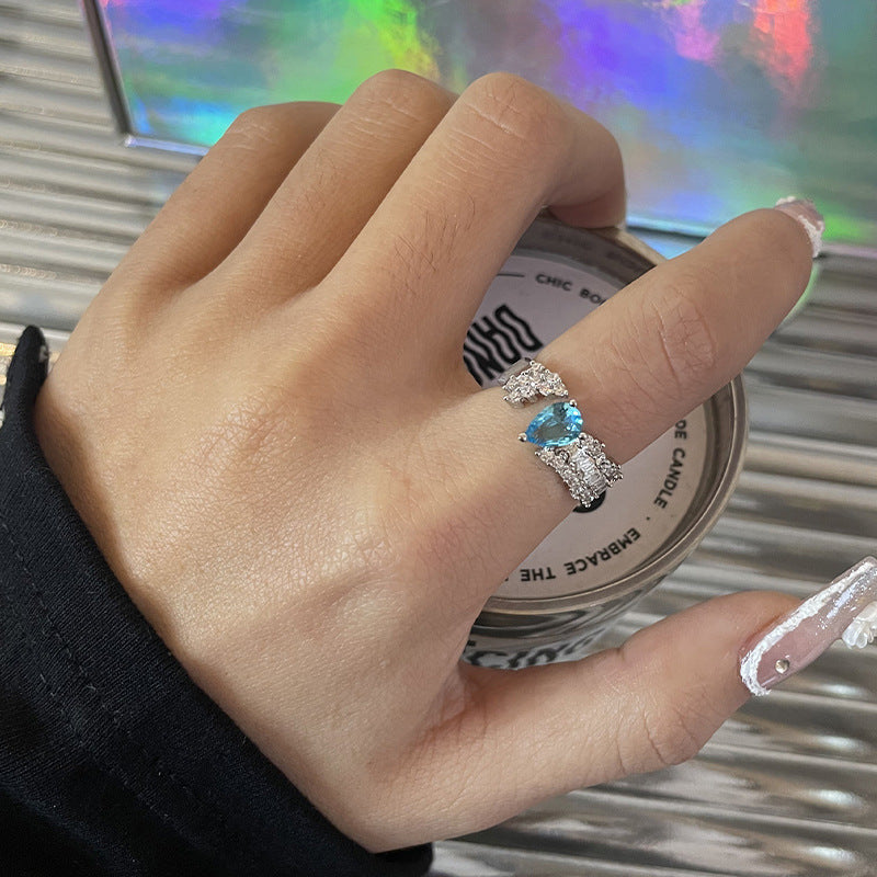 Blue Heart-shaped Zircon Water Drop Open Ring