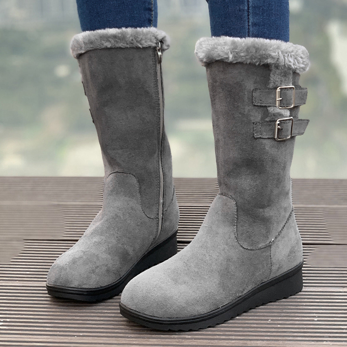 Fleece-lined Mid-calf Wedge Heel Martin Boots