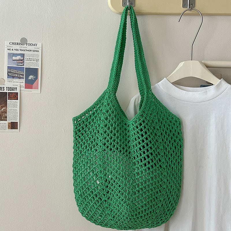 Casual Large Capacity Cotton Thread Woven Bag Hollow Out Cutout Straw Bag Idle Shoulder Bag Vacation Beach Bag Women Bag