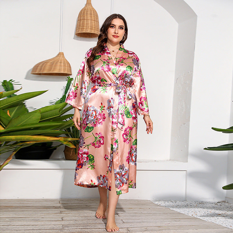 Plus Size Women Artificial Silk Satin Long Sleeved Pajamas Plump Girls Wearable Home