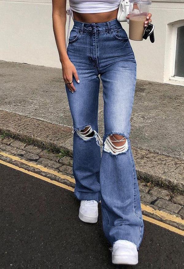 High Waist Retro Stretch Slim Knee Hole Bell Bottom Pants
