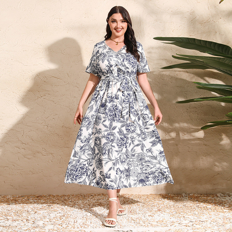 Plus Size Dress Summer Art Painted Floral Elastic Waist Short Sleeve Dress