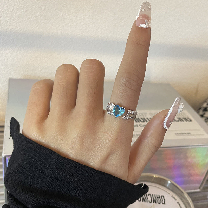 Blue Heart-shaped Zircon Water Drop Open Ring