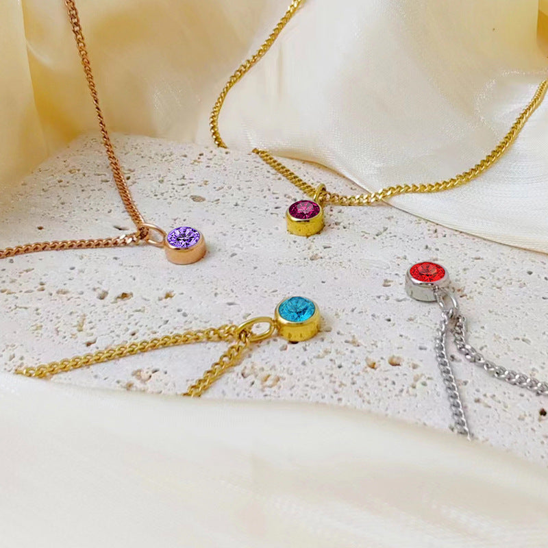 Stainless Steel Necklace With Diamond Birthstone Pendant
