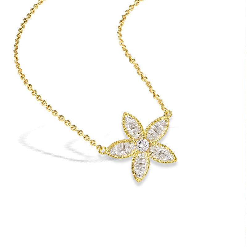 Sterling Silver Rhinestone Flower Pendant Necklace