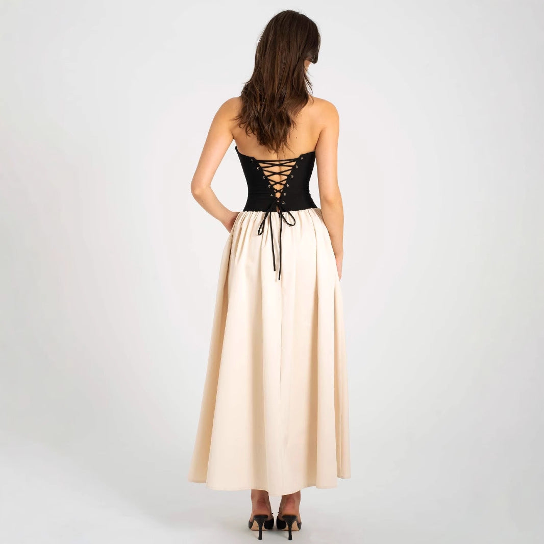 Summer Color Contrast Tube Top Sleeveless Dress Women Clothing