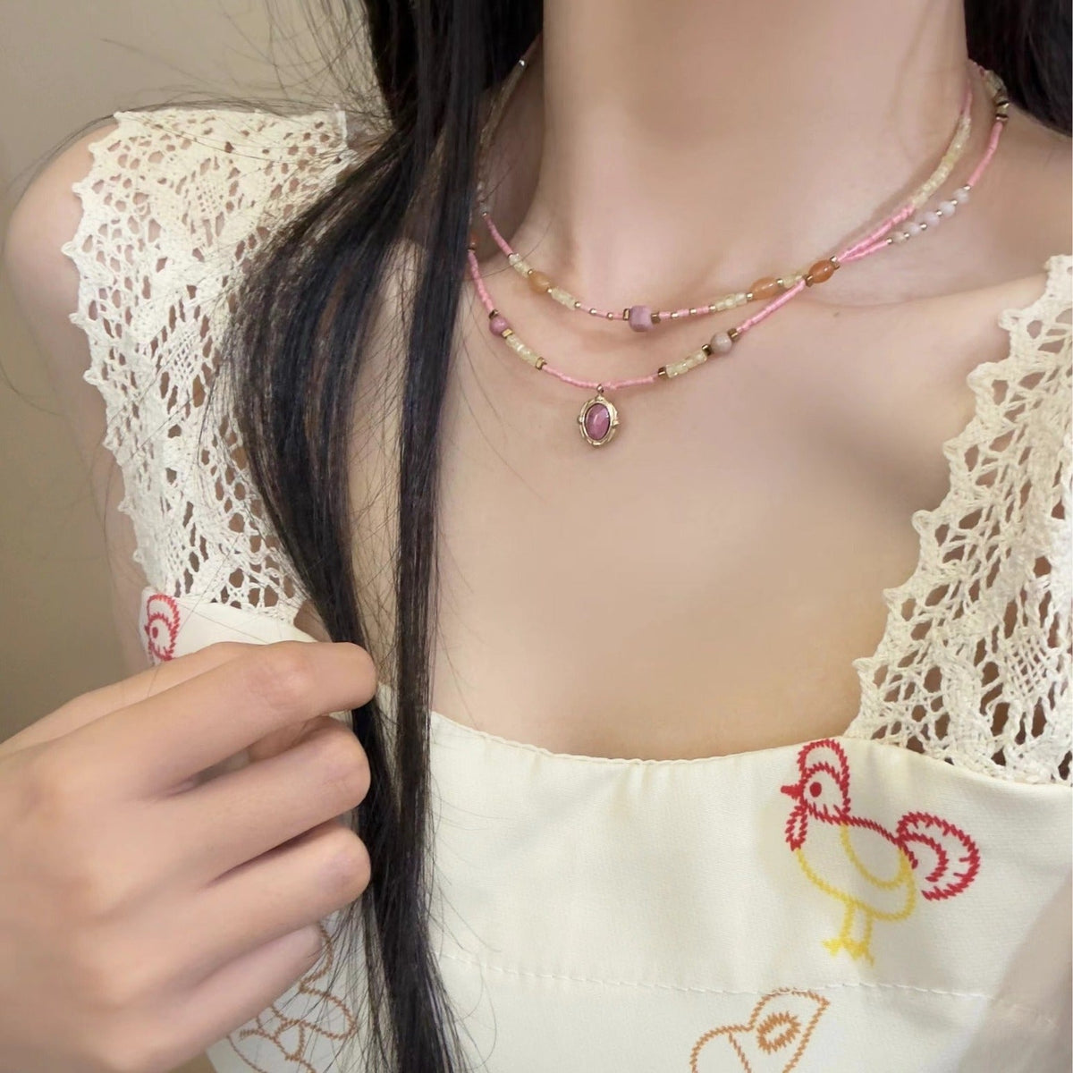 Natural Rose Stone Princess Beaded Sweater Chain