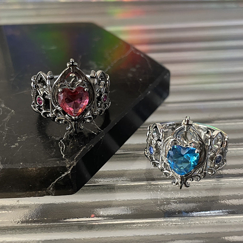 Red Blue Heart-Shaped Open Ring for Women