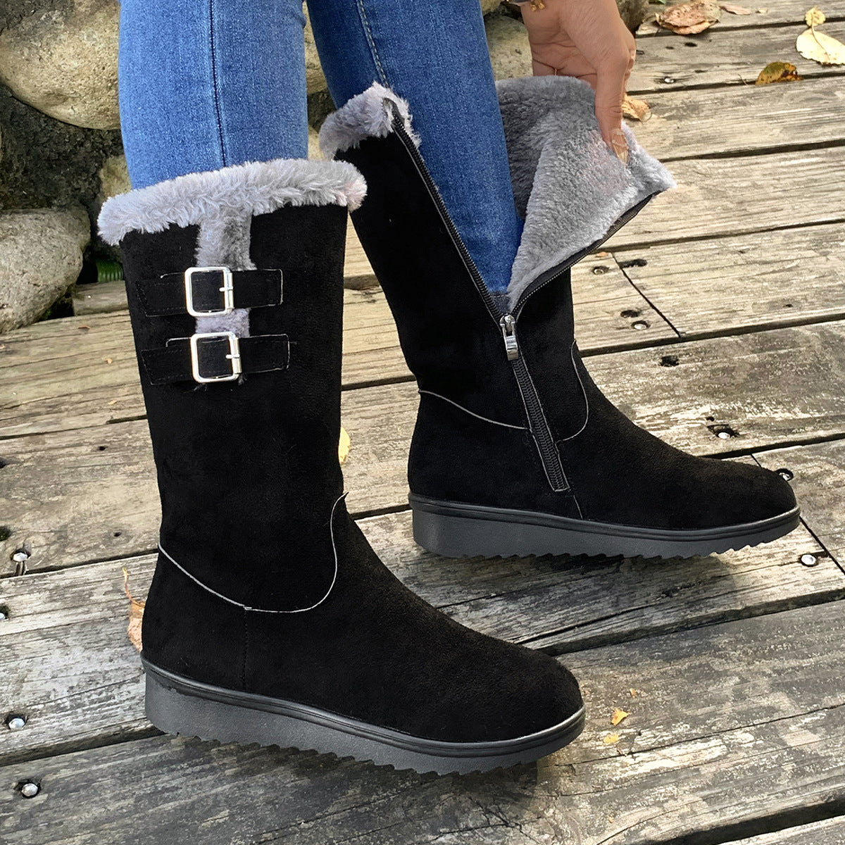 Fleece-lined Mid-calf Wedge Heel Martin Boots