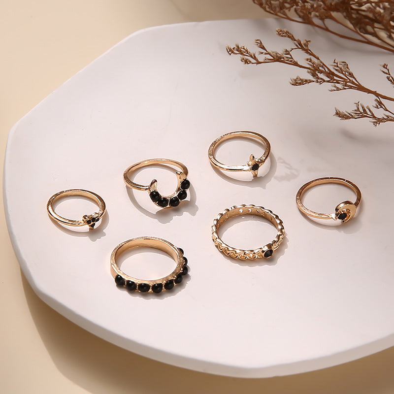 Black Gemstone Star Moon 6-piece Set Ring