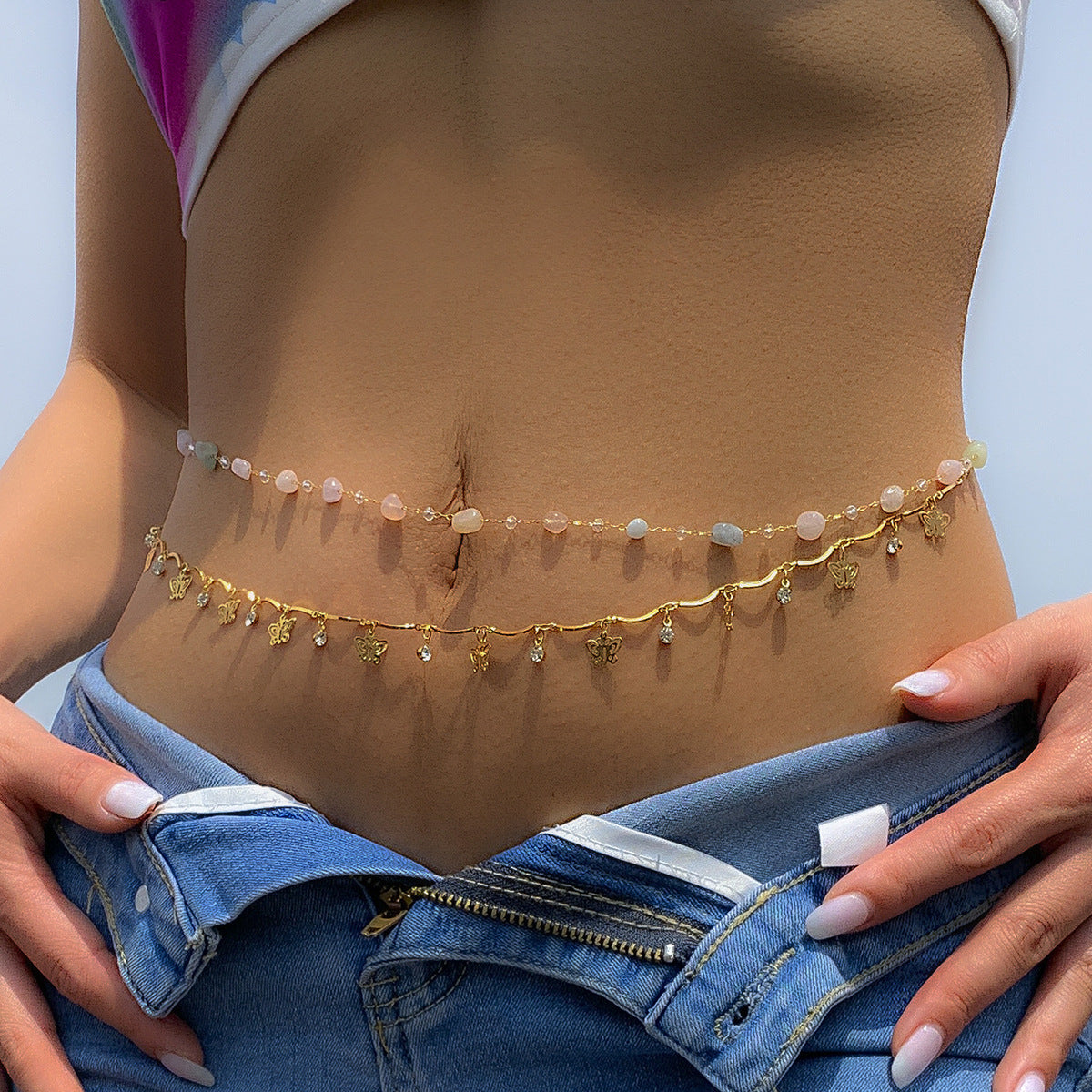 Double Layer Crystal Butterfly Tassel Body Chain