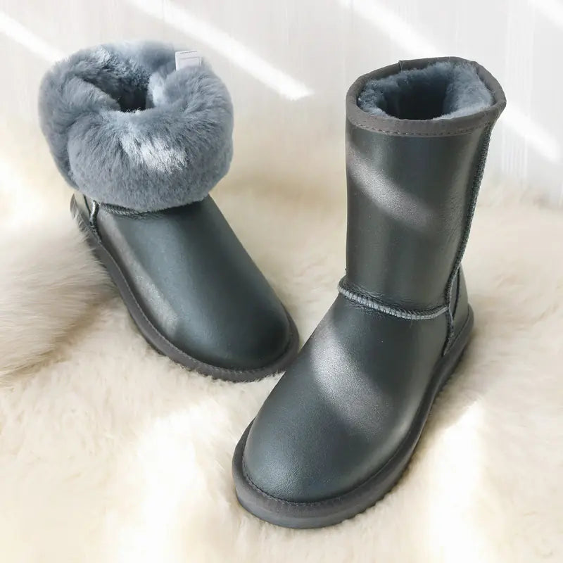 Genuine White Waterproof Women's Sheepskin Snow Boots