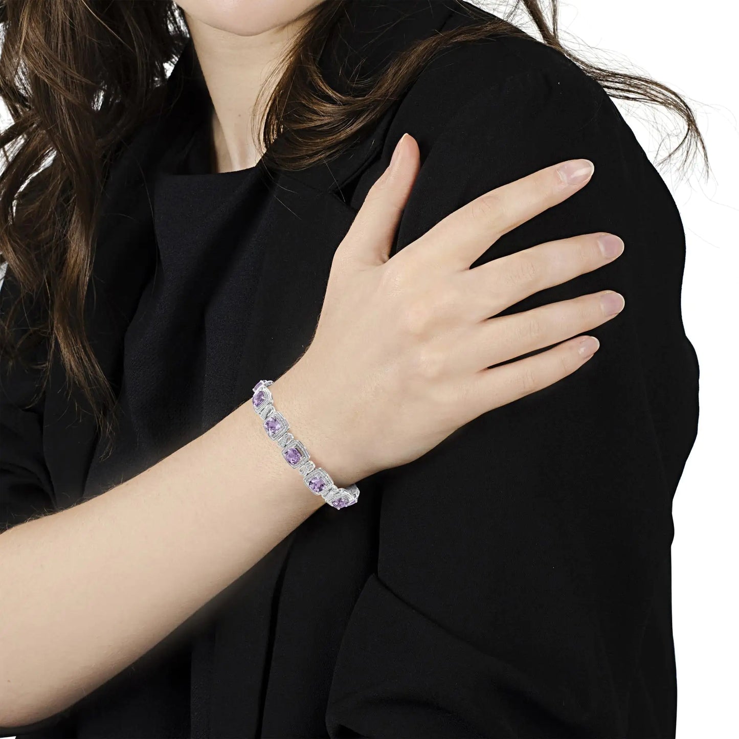 (.08) Style Loft Collection .925 Sterling Silver 7x7 mm Cushion Cut Purple Amethyst and 1/10 ctw Round Cut Diamond Square Shape Tennis Bracelet (I-J Color, I1-I2 Clarity) - 7"