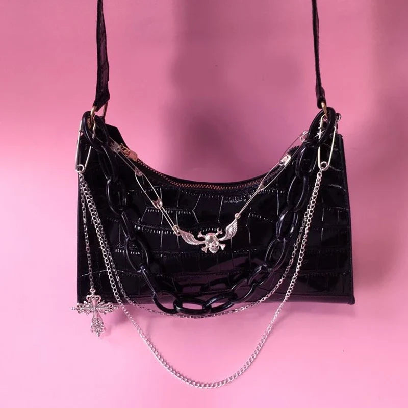 Gothic Dark Punk Underarm Bag | Skull Shoulder Bag & Y2K Chain Crocodile Pattern Crossbody Bag (Korean Popular Aesthetic Handbags)