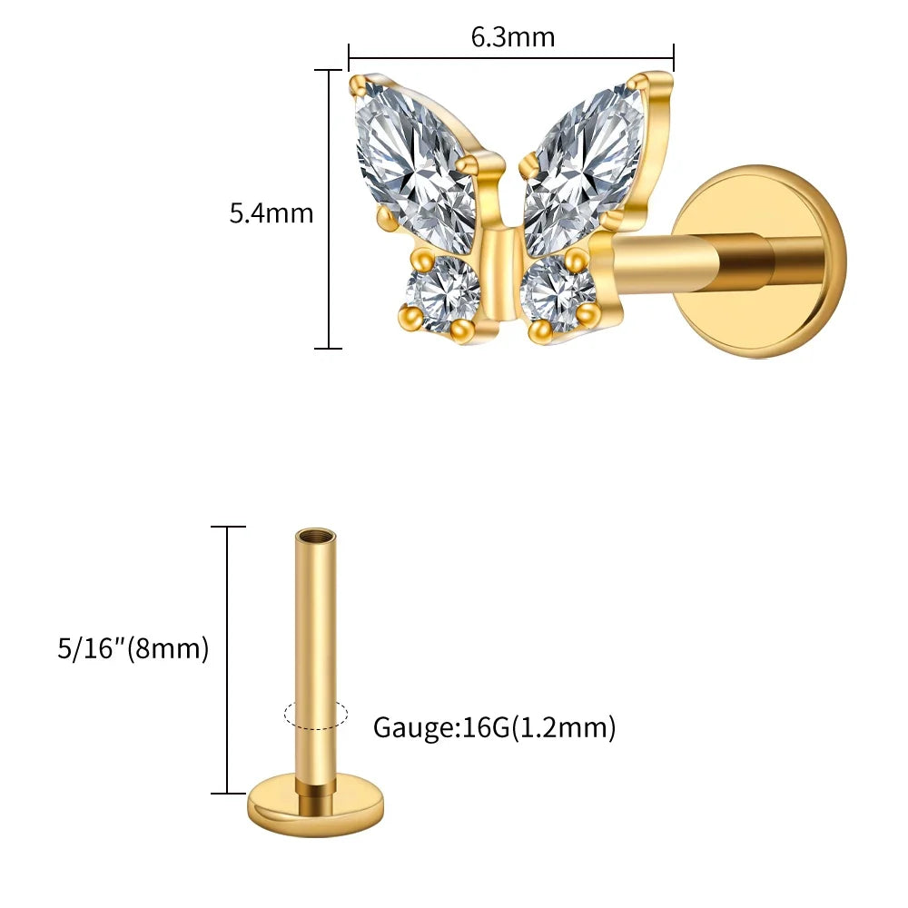 Right Grand ASTM F136 Titanium 16G Mini Butterfly CZ Labret Tragus Cartilage Conch Forward Helix Stud Nose Piercing Body Jewelry